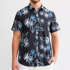 Depart West Performance Stretch Black Palm Tropical Short Sleeve Button Up Shirt